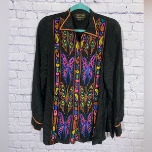 Bob Mackie Wearable Art Women Silk Button Down Butterfly Black Multi L Artsy
